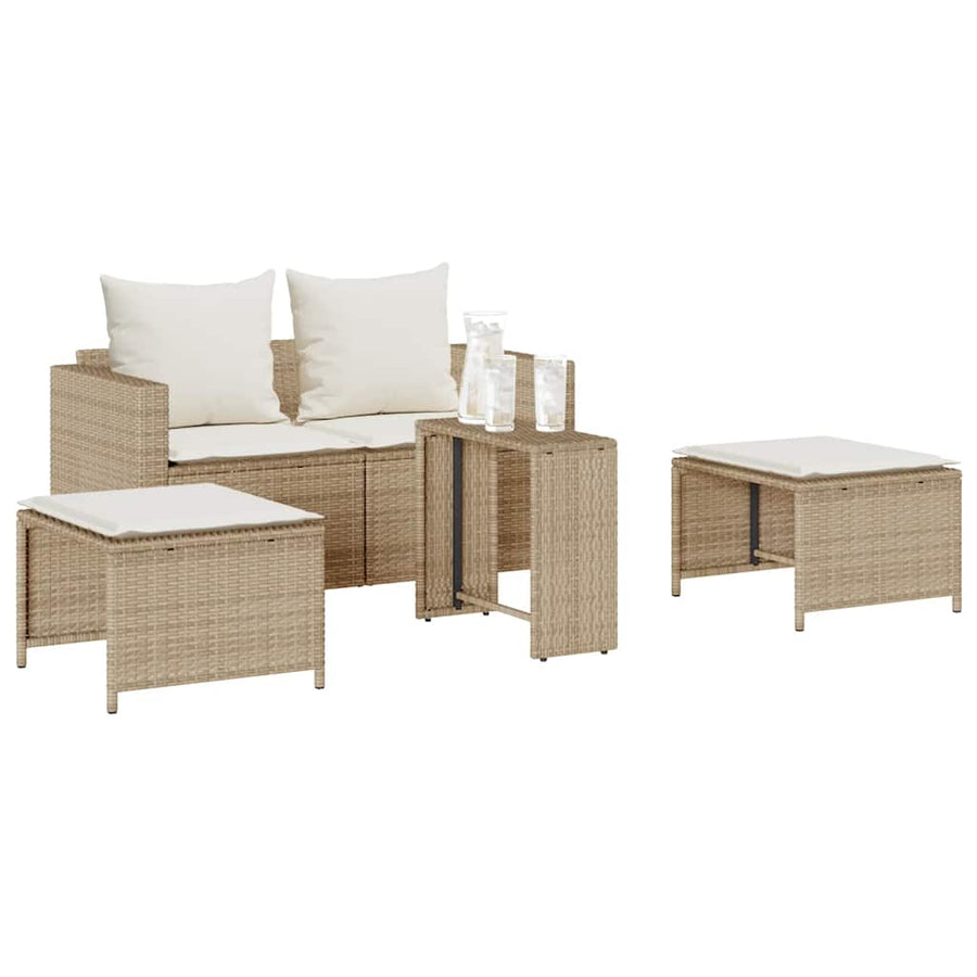 5-Delige Tuinbankstel Met Kussens Stapelbaar Poly Rattan Beige Crèmewit