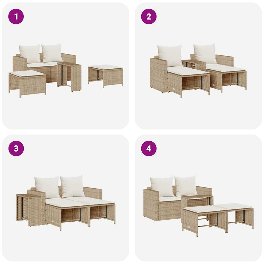 5-Delige Tuinbankstel Met Kussens Stapelbaar Poly Rattan Beige Crèmewit