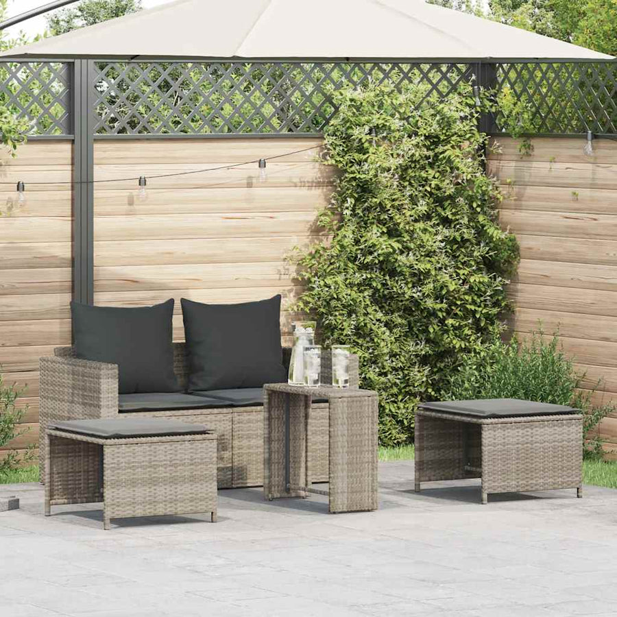 5-Delige Tuinbankstel Kussens Stapelbaar Poly Rattan Lichtgrijs Donkergrijs