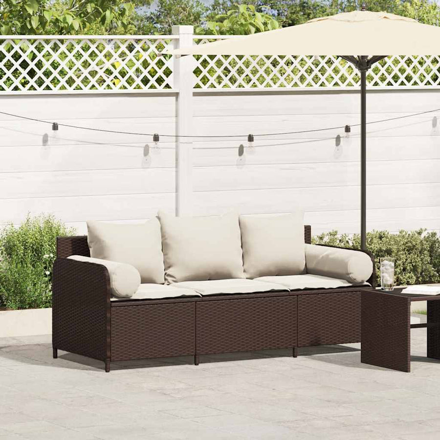 Tuinbank 3-Zits Met Kussens Poly Rattan Bruin Crèmewit