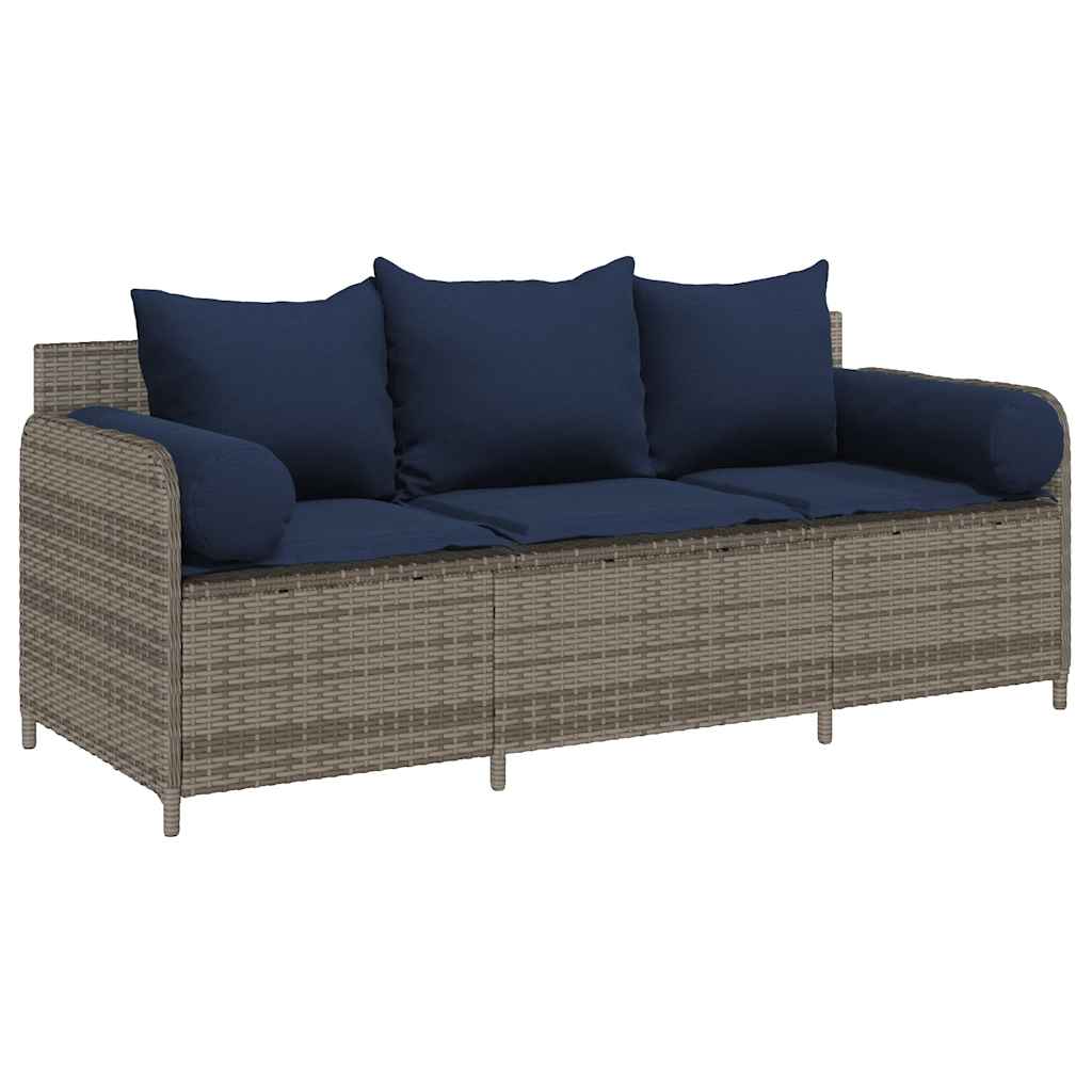 Tuinbank 3-Zits Met Kussens Poly Rattan Grijs Marineblauw
