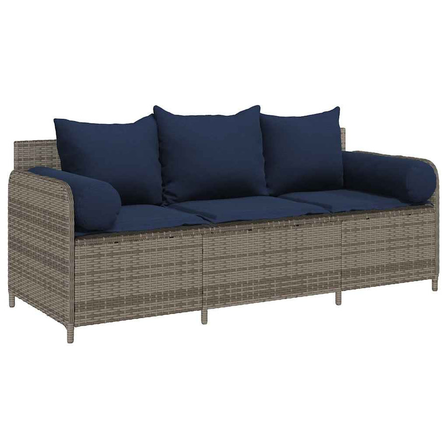 Tuinbank 3-Zits Met Kussens Poly Rattan Grijs Marineblauw