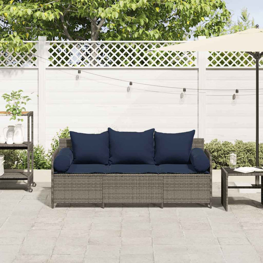 Tuinbank 3-Zits Met Kussens Poly Rattan Grijs Marineblauw