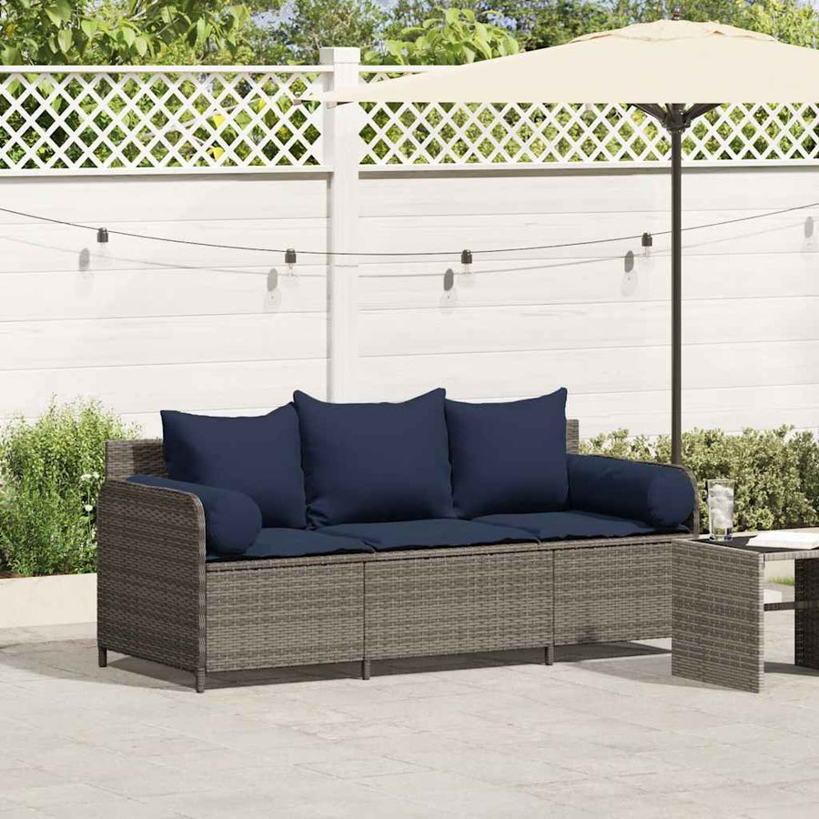 Tuinbank 3-Zits Met Kussens Poly Rattan Grijs Marineblauw