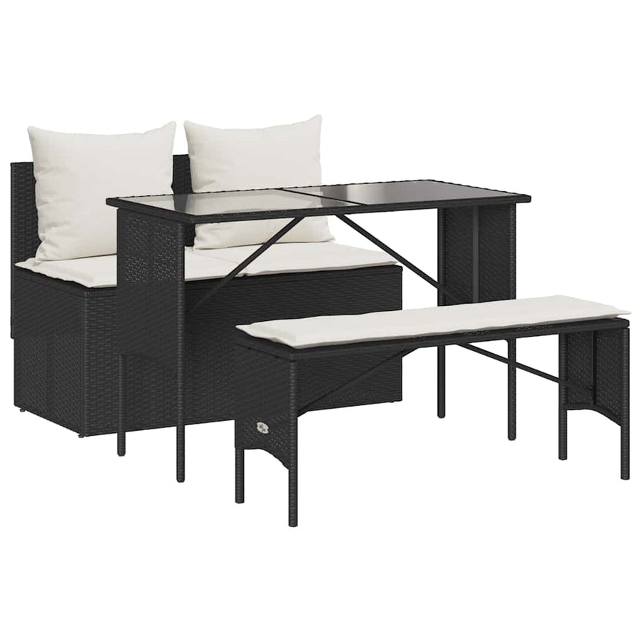 3-Delige Tuinset Met Kussens Poly Rattan Zwart en crèmewit tempered glass