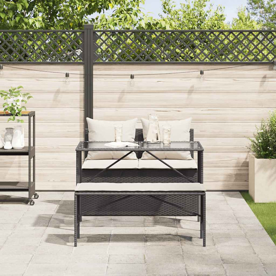 3-Delige Tuinset Met Kussens Poly Rattan Zwart en crèmewit tempered glass