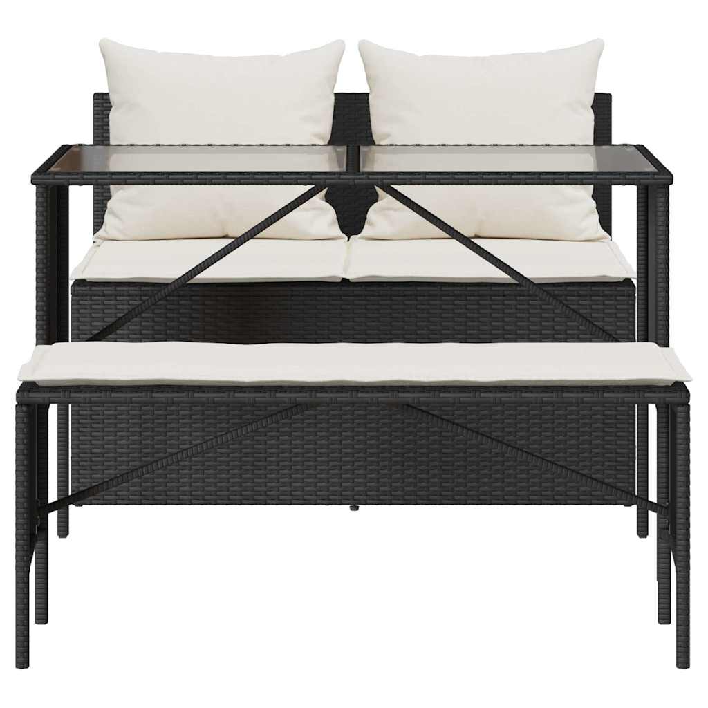 3-Delige Tuinset Met Kussens Poly Rattan Zwart en crèmewit tempered glass