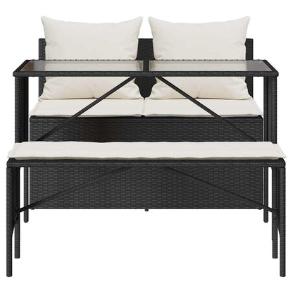 3-Delige Tuinset Met Kussens Poly Rattan Zwart en crèmewit tempered glass
