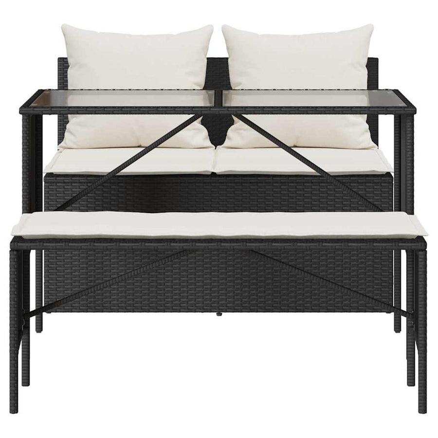 3-Delige Tuinset Met Kussens Poly Rattan Zwart en crèmewit tempered glass