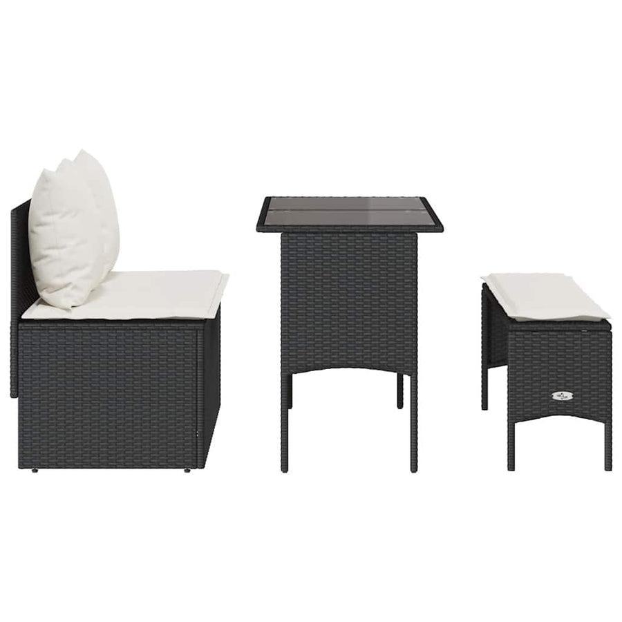 3-Delige Tuinset Met Kussens Poly Rattan Zwart en crèmewit tempered glass