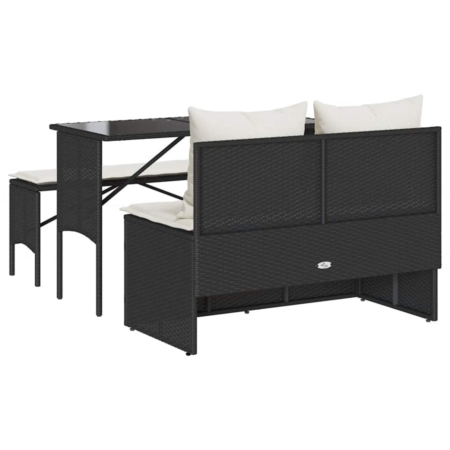 3-Delige Tuinset Met Kussens Poly Rattan Zwart en crèmewit tempered glass