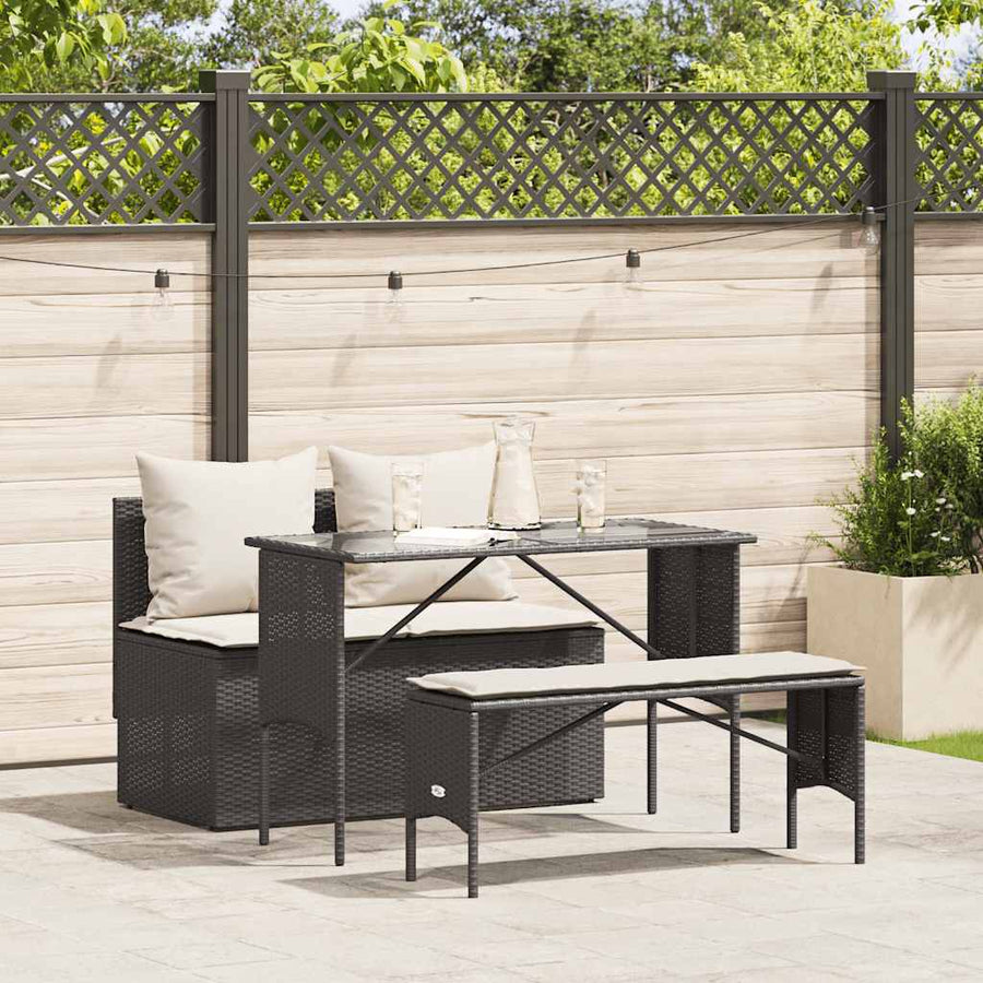 3-Delige Tuinset Met Kussens Poly Rattan Zwart en crèmewit tempered glass