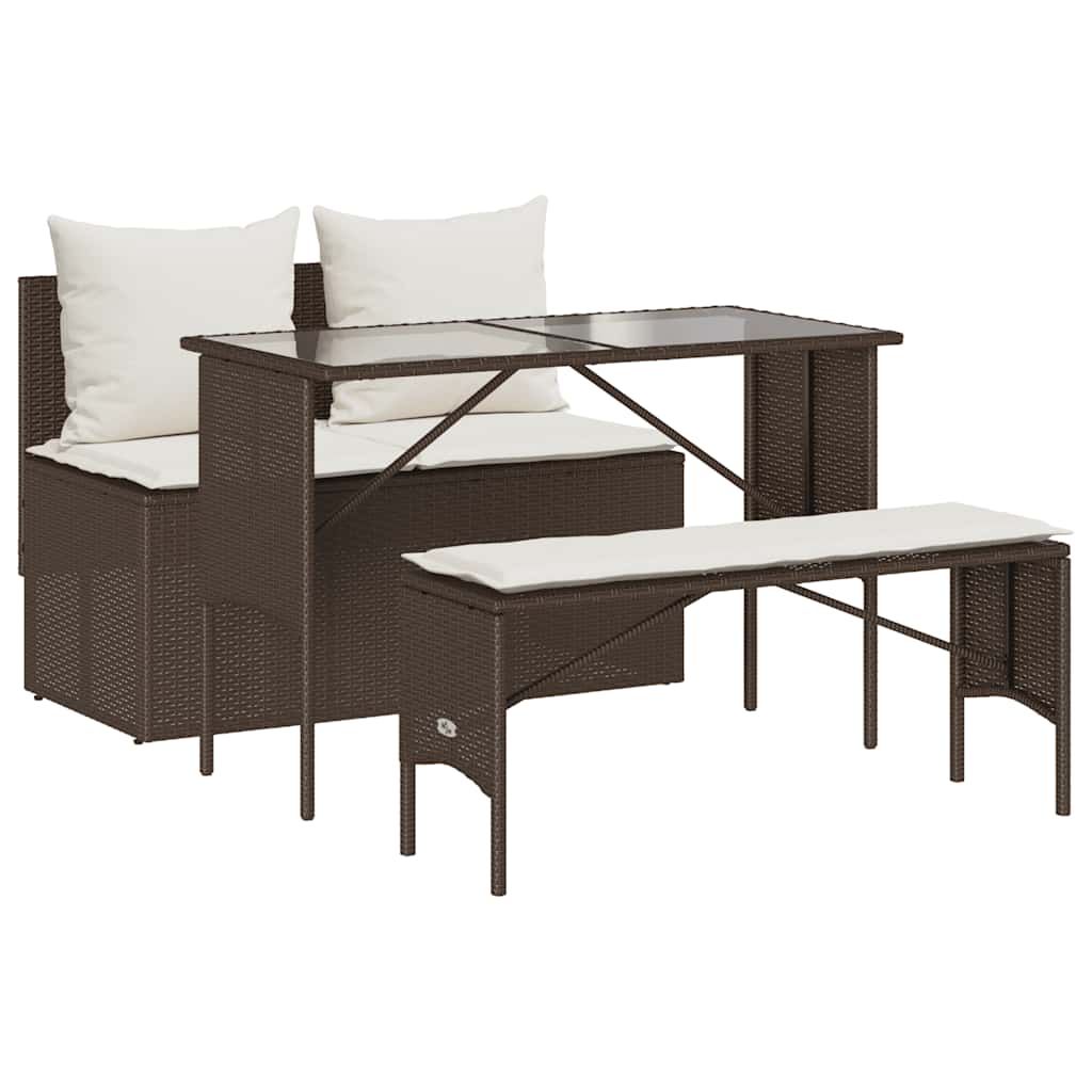 3-Delige Tuinset Met Kussens Poly Rattan Bruin en crèmewit tempered glass