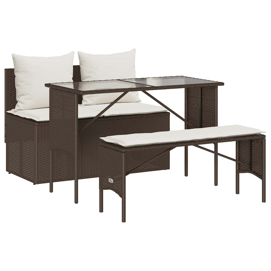 3-Delige Tuinset Met Kussens Poly Rattan Bruin en crèmewit tempered glass