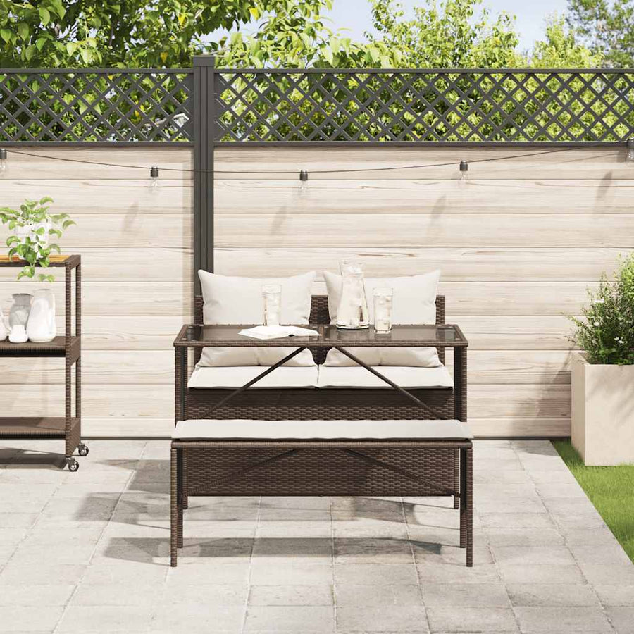 3-Delige Tuinset Met Kussens Poly Rattan Bruin en crèmewit tempered glass