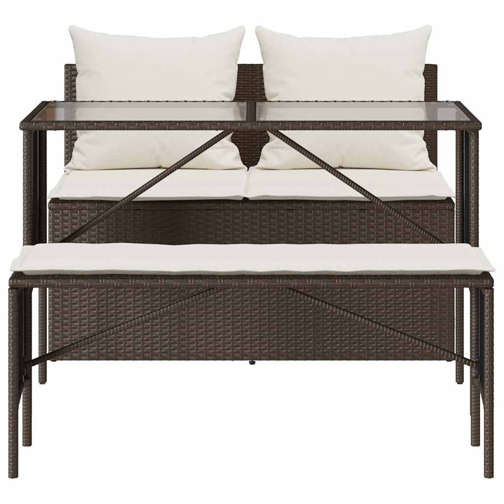 3-Delige Tuinset Met Kussens Poly Rattan Bruin en crèmewit tempered glass