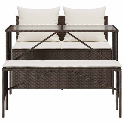 3-Delige Tuinset Met Kussens Poly Rattan Bruin en crèmewit tempered glass