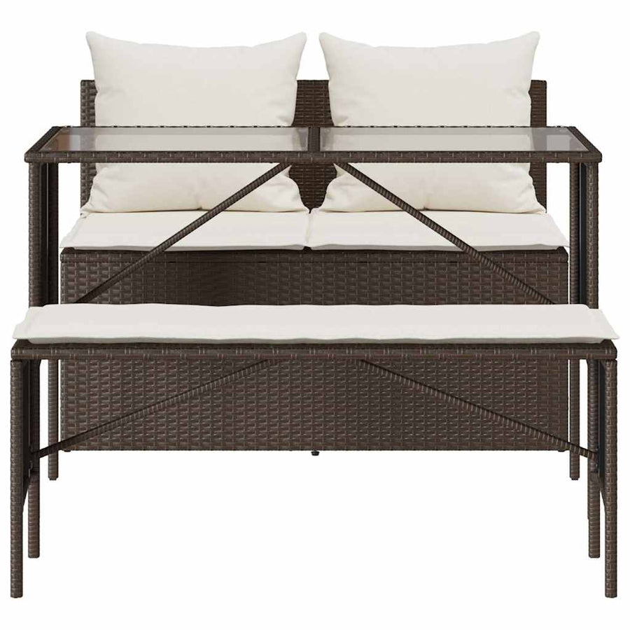3-Delige Tuinset Met Kussens Poly Rattan Bruin en crèmewit tempered glass