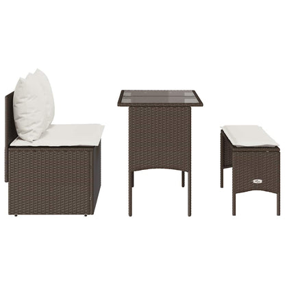 3-Delige Tuinset Met Kussens Poly Rattan Bruin en crèmewit tempered glass