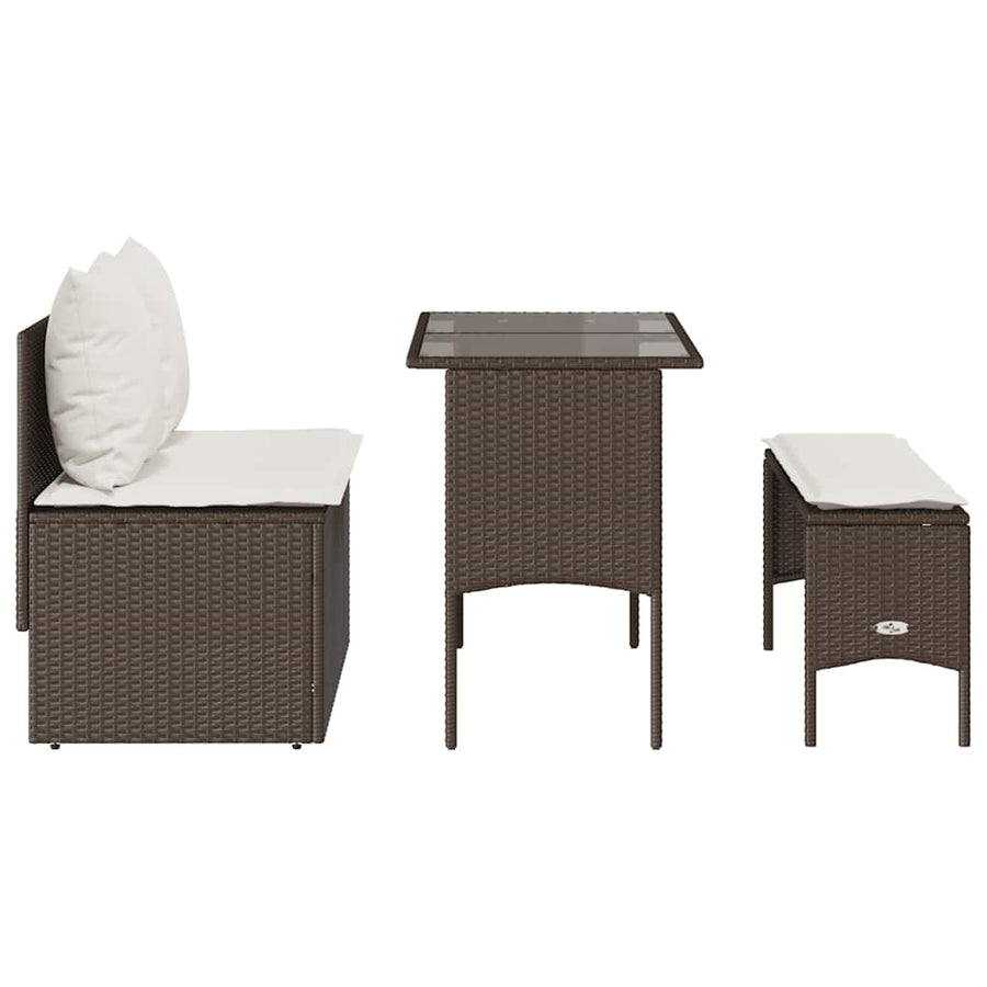 3-Delige Tuinset Met Kussens Poly Rattan Bruin en crèmewit tempered glass