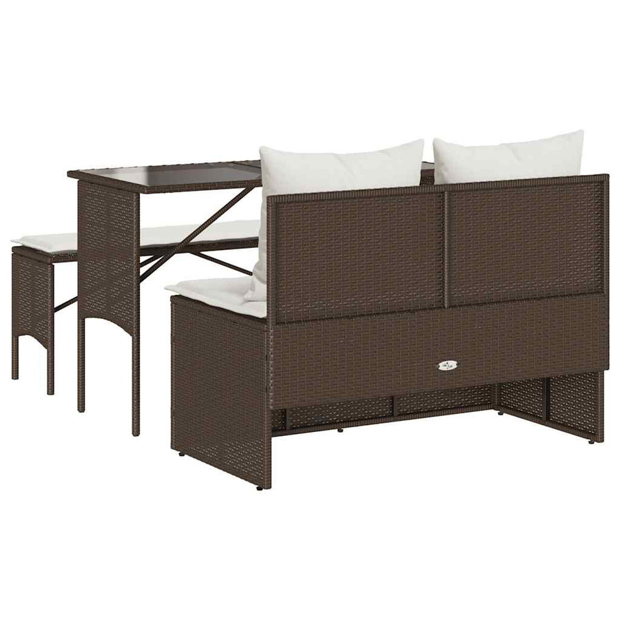 3-Delige Tuinset Met Kussens Poly Rattan Bruin en crèmewit tempered glass