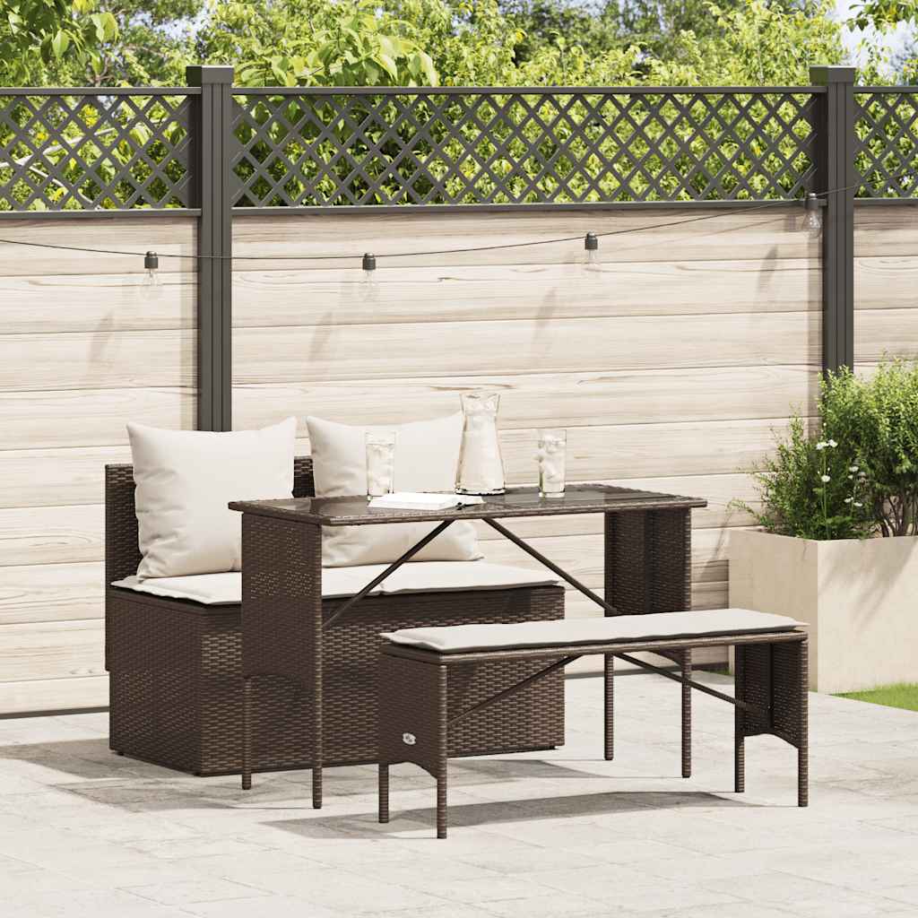 3-Delige Tuinset Met Kussens Poly Rattan Bruin en crèmewit tempered glass