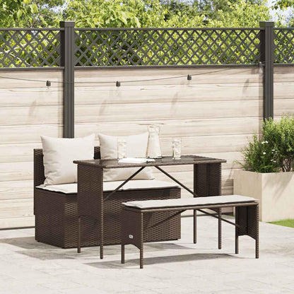 3-Delige Tuinset Met Kussens Poly Rattan Bruin en crèmewit tempered glass