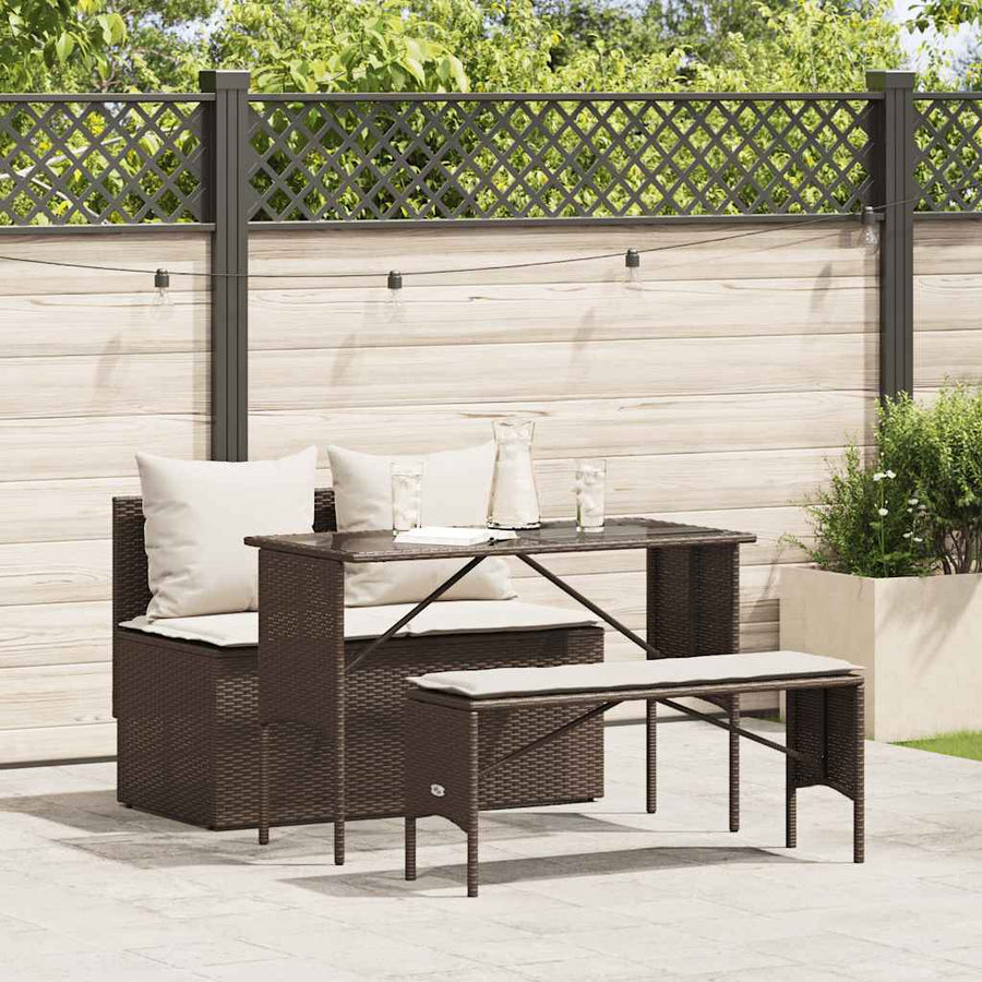 3-Delige Tuinset Met Kussens Poly Rattan Bruin en crèmewit tempered glass