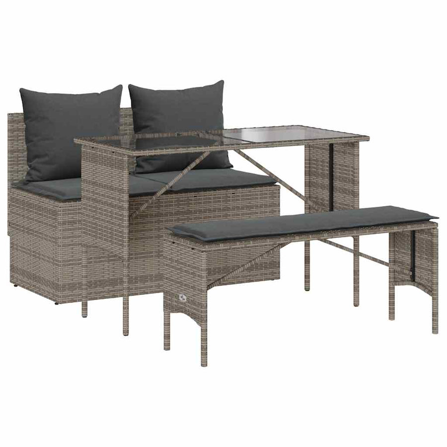 3-Delige Tuinset Met Kussens Poly Rattan Grijs tempered glass
