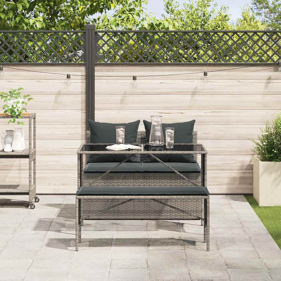 3-Delige Tuinset Met Kussens Poly Rattan Grijs tempered glass