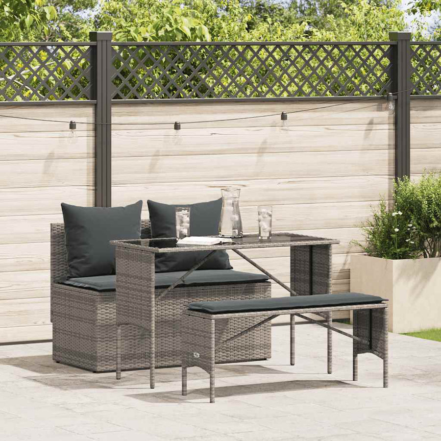 3-Delige Tuinset Met Kussens Poly Rattan Grijs tempered glass