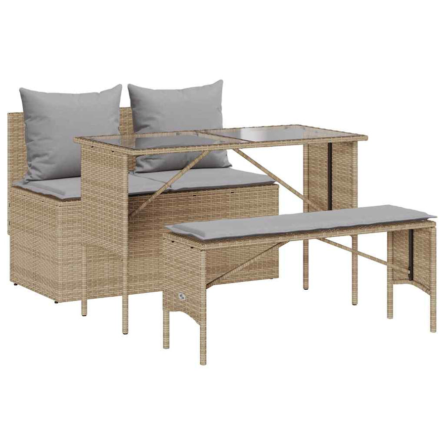 3-Delige Tuinset Met Kussens Poly Rattan beige en lichtgrijs tempered glass