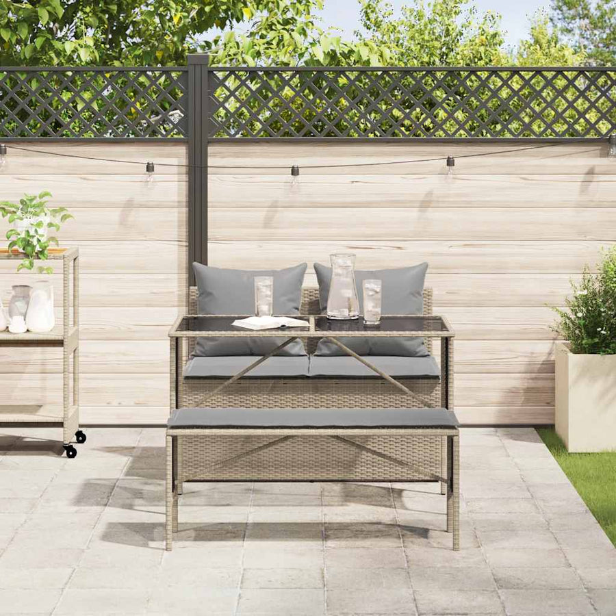 3-Delige Tuinset Met Kussens Poly Rattan beige en lichtgrijs tempered glass