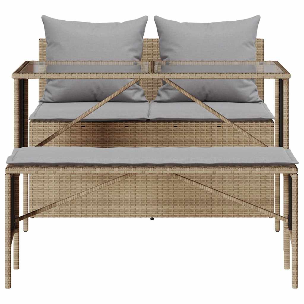 3-Delige Tuinset Met Kussens Poly Rattan beige en lichtgrijs tempered glass