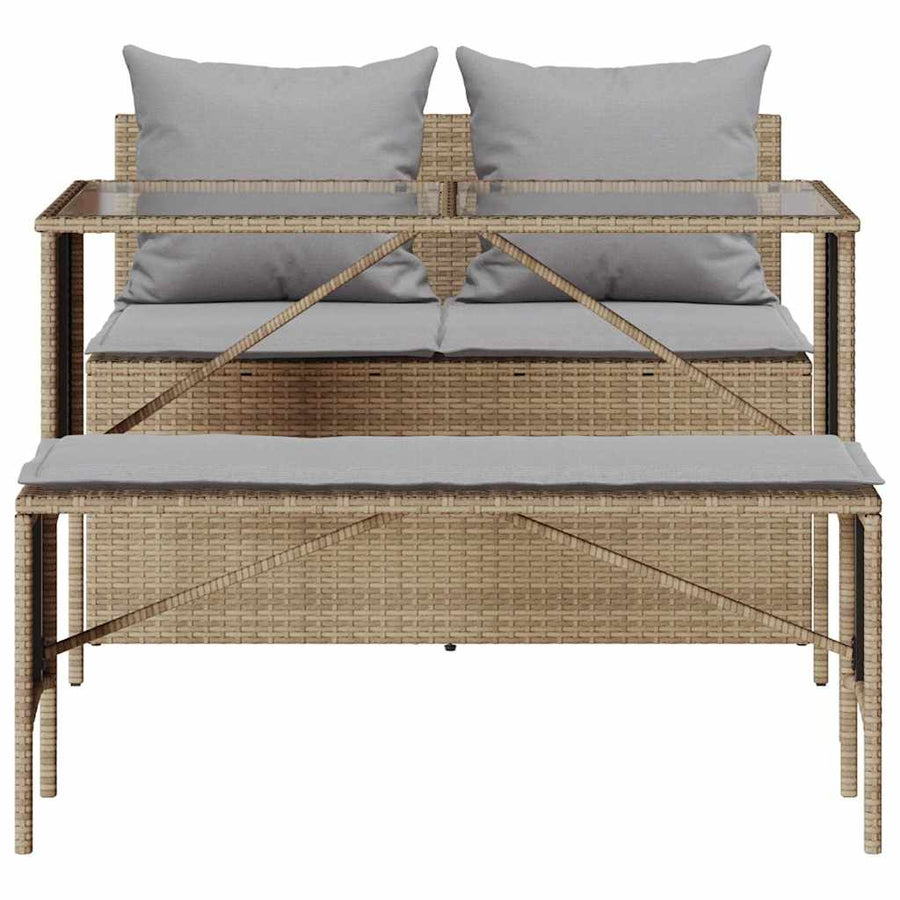 3-Delige Tuinset Met Kussens Poly Rattan beige en lichtgrijs tempered glass