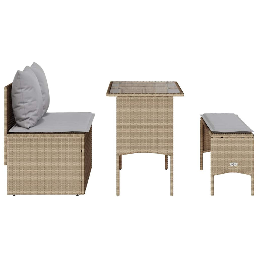 3-Delige Tuinset Met Kussens Poly Rattan beige en lichtgrijs tempered glass