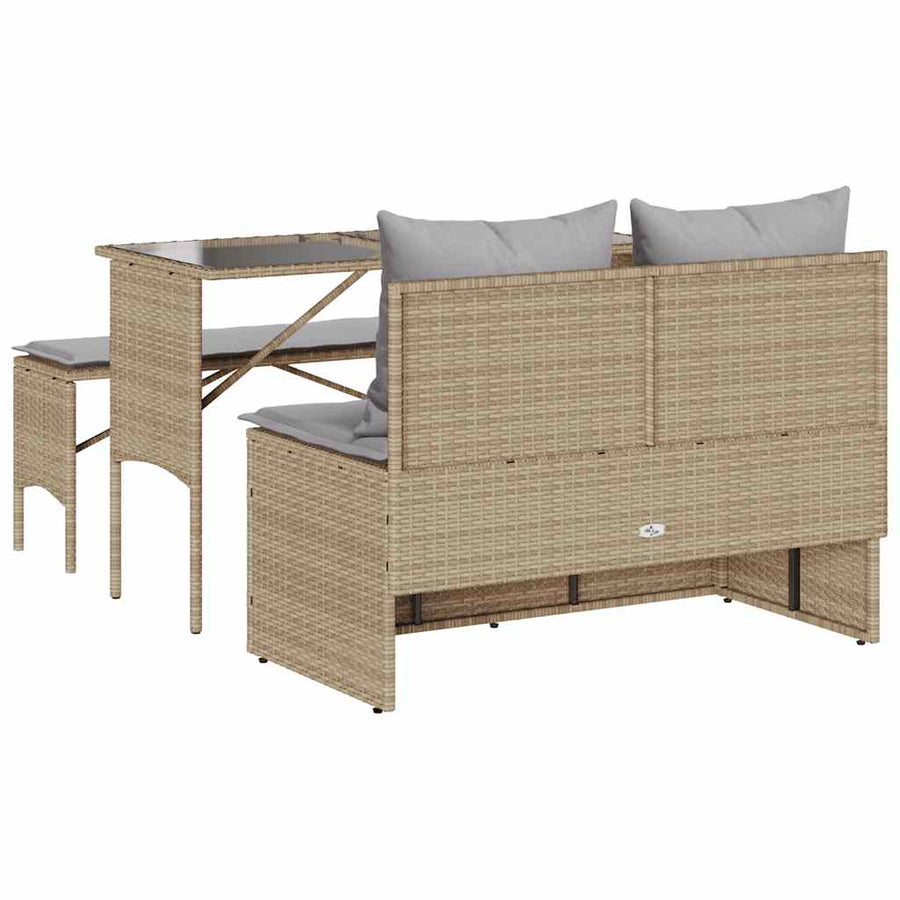 3-Delige Tuinset Met Kussens Poly Rattan beige en lichtgrijs tempered glass