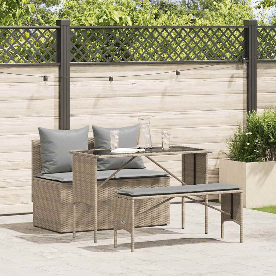 3-Delige Tuinset Met Kussens Poly Rattan beige en lichtgrijs tempered glass