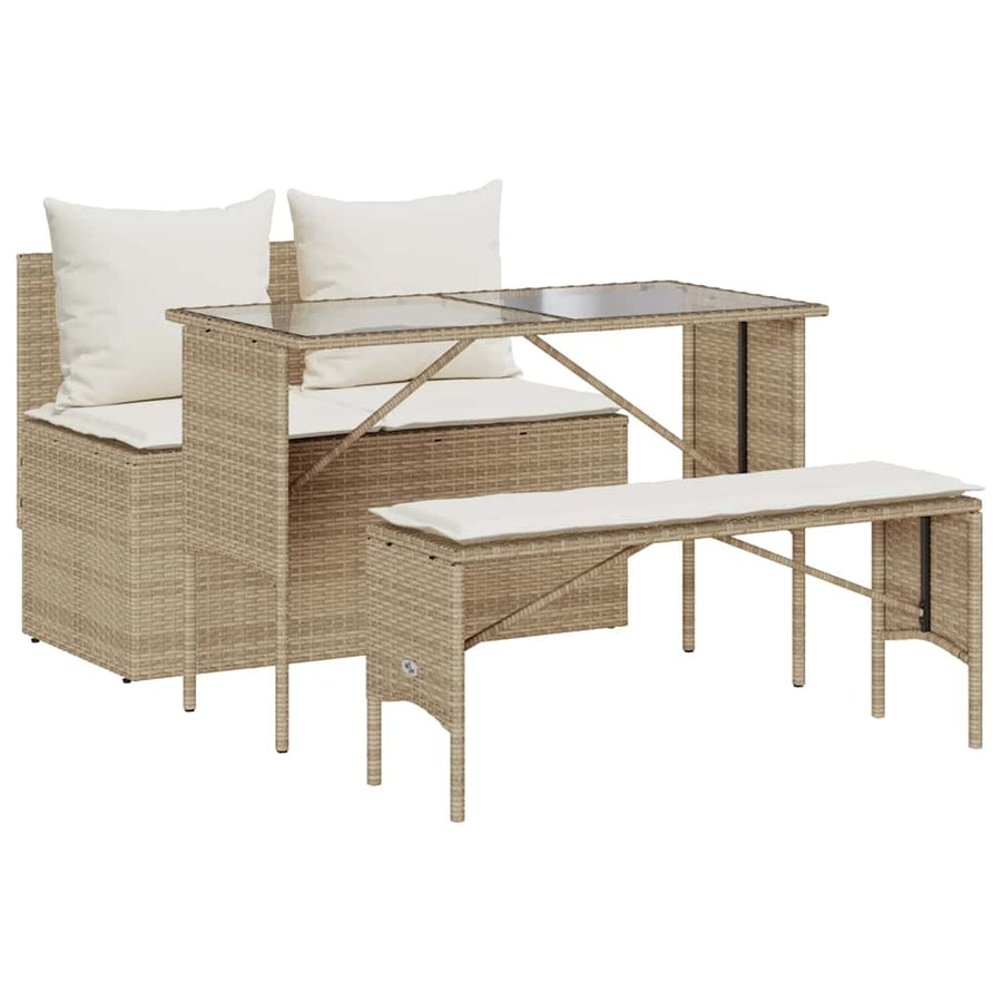 3-Delige Tuinset Met Kussens Poly Rattan beige en crèmewit tempered glass