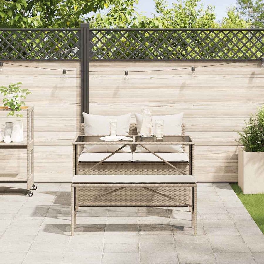 3-Delige Tuinset Met Kussens Poly Rattan beige en crèmewit tempered glass