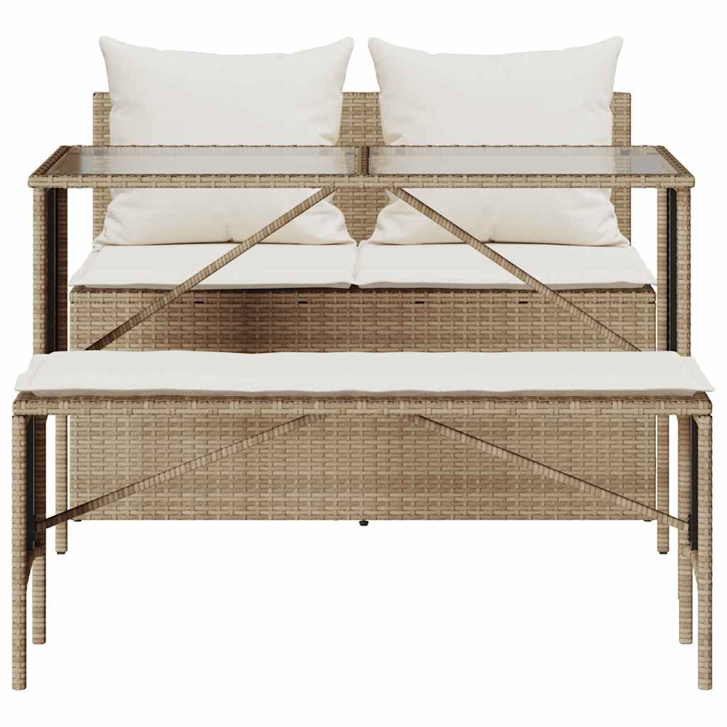 3-Delige Tuinset Met Kussens Poly Rattan beige en crèmewit tempered glass