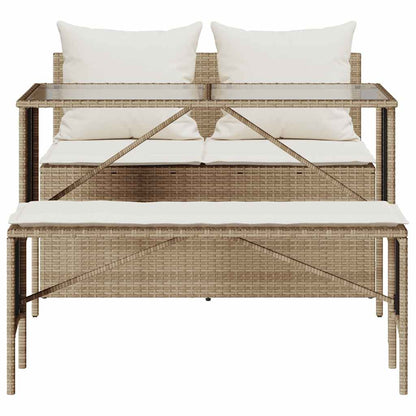 3-Delige Tuinset Met Kussens Poly Rattan beige en crèmewit tempered glass