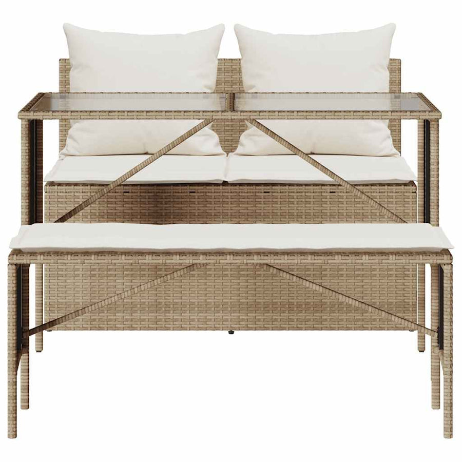 3-Delige Tuinset Met Kussens Poly Rattan beige en crèmewit tempered glass