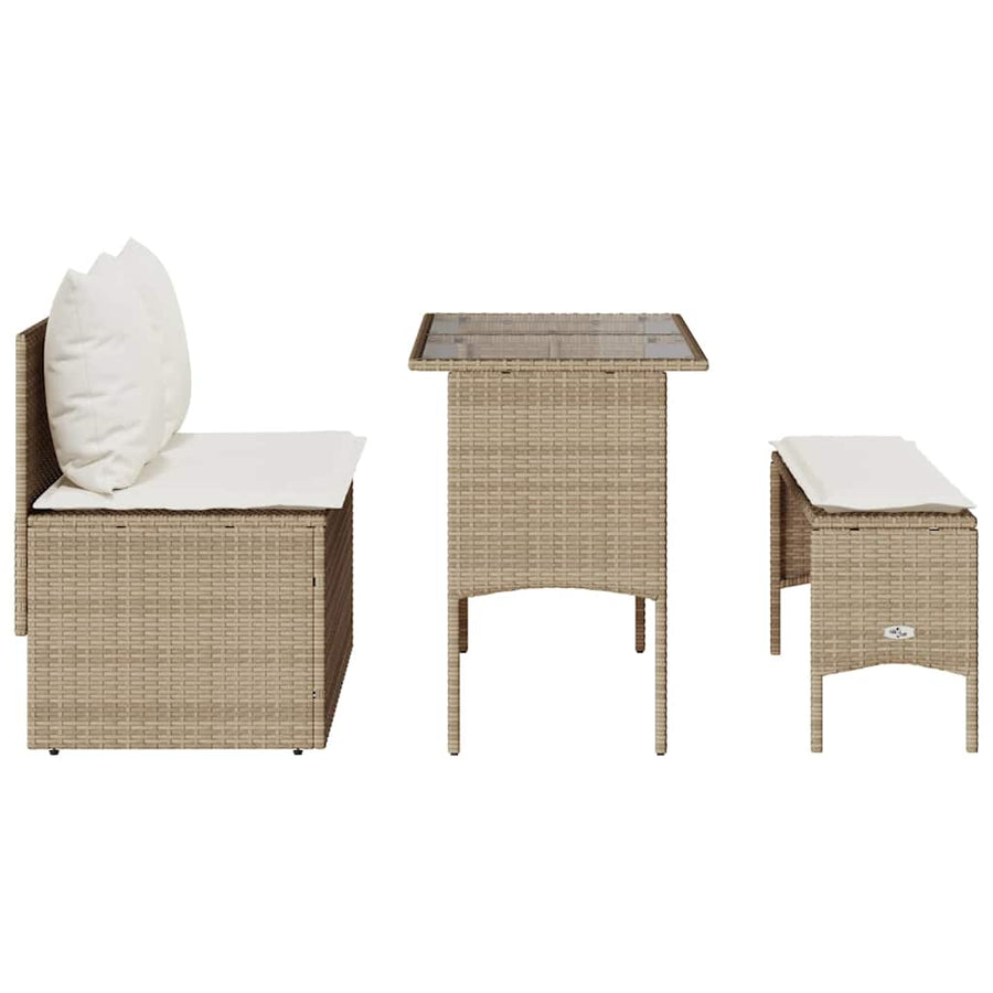 3-Delige Tuinset Met Kussens Poly Rattan beige en crèmewit tempered glass