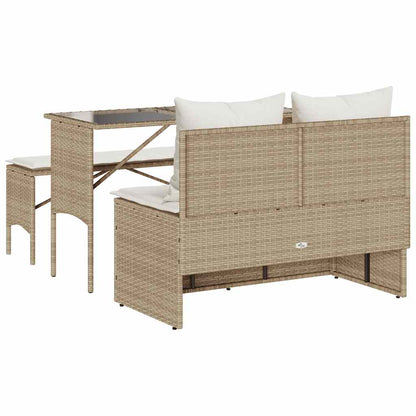 3-Delige Tuinset Met Kussens Poly Rattan beige en crèmewit tempered glass