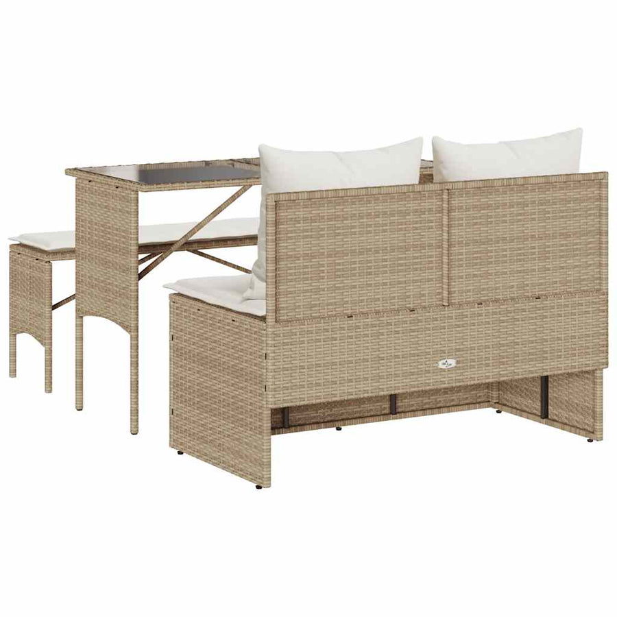 3-Delige Tuinset Met Kussens Poly Rattan beige en crèmewit tempered glass