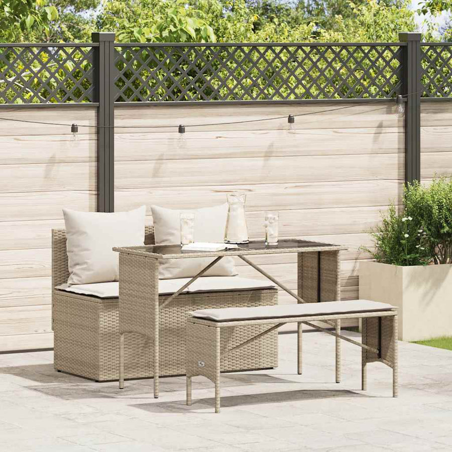3-Delige Tuinset Met Kussens Poly Rattan beige en crèmewit tempered glass