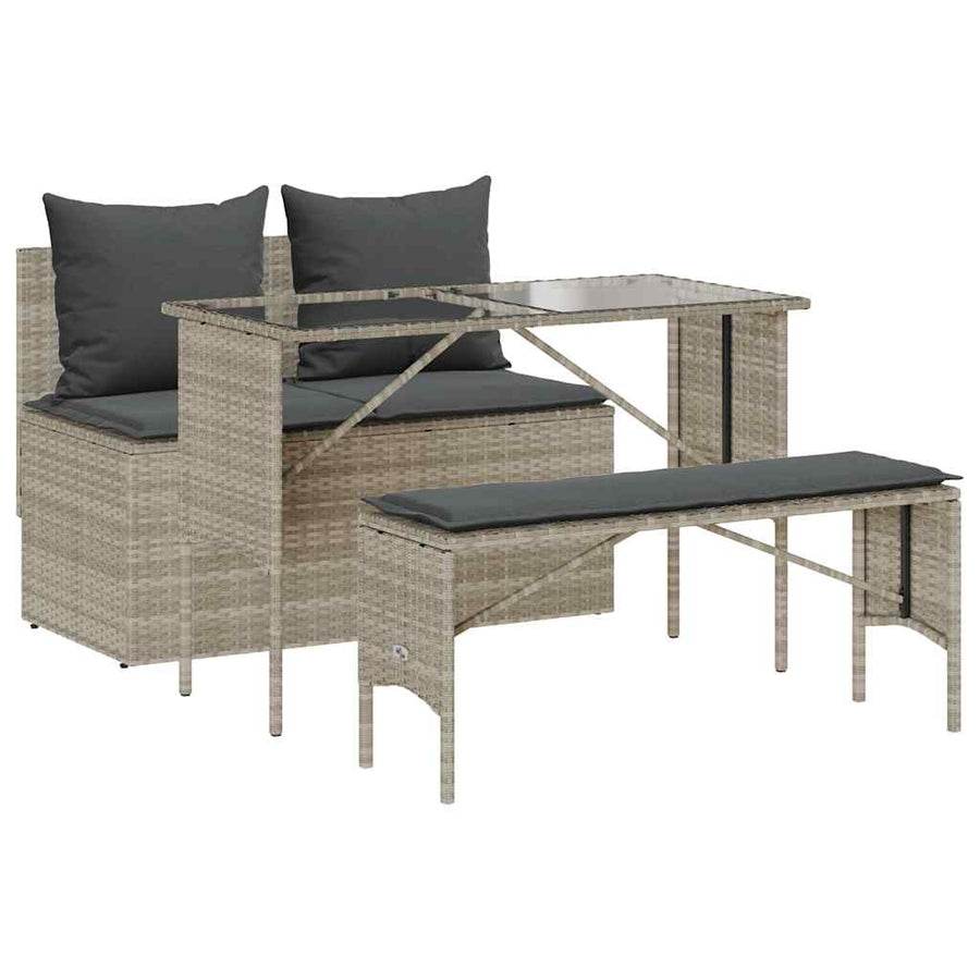 3-Delige Tuinset Met Kussens Poly Rattan Lichtgrijs tempered glass