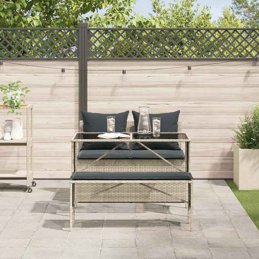 3-Delige Tuinset Met Kussens Poly Rattan Lichtgrijs tempered glass
