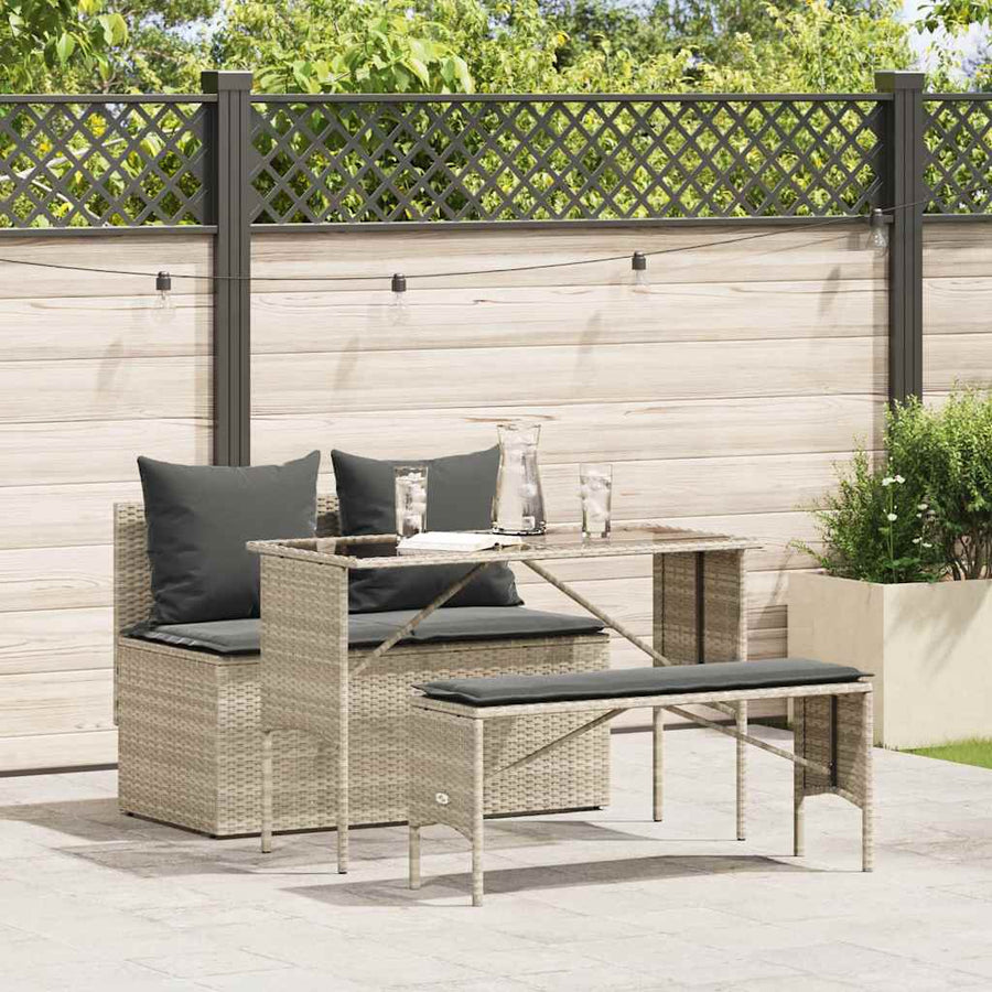 3-Delige Tuinset Met Kussens Poly Rattan Lichtgrijs tempered glass